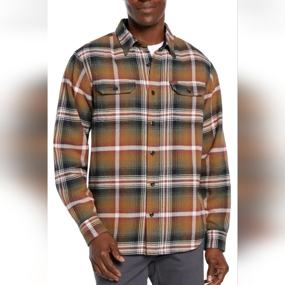 Orvis Men Big Bear Heavyweight Tan Flannel Plaid Shirt Jacket SZ Medium Gorpcore